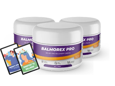 Three jars of Balmorex Pro relief and recovery cream with two bonus e-books